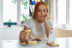 Young woman looking down at donuts while holding one, symbolizing other specified feeding and eating disorder treatment at Empower Health Group