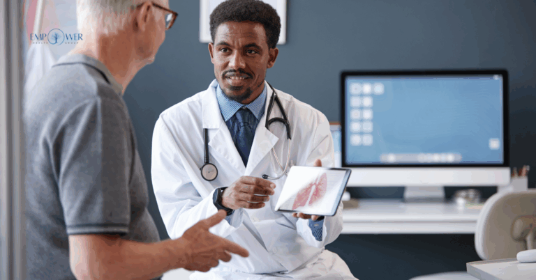 Doctor showing medical results to senior patient during consultation at Empower Health Group